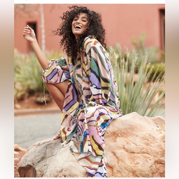 H&M Studio Collection Multicolor Rainbow Silk Maxi Balloon Sleeve Dress - Picture 2 of 8